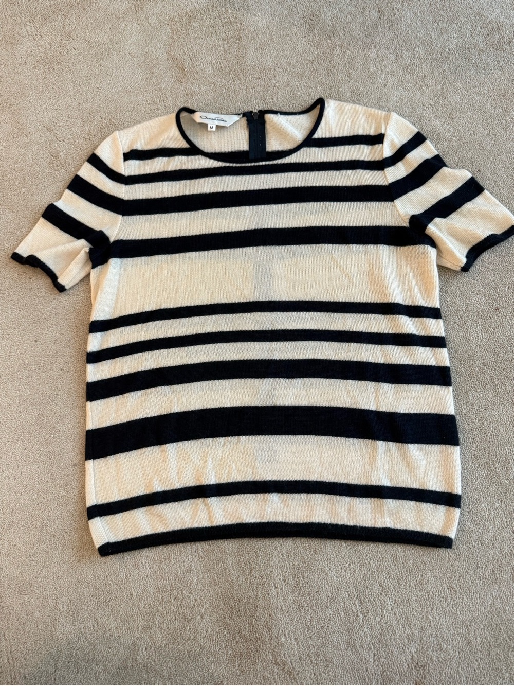 Oscar de la Renta Cream and Navy Striped Knit Top